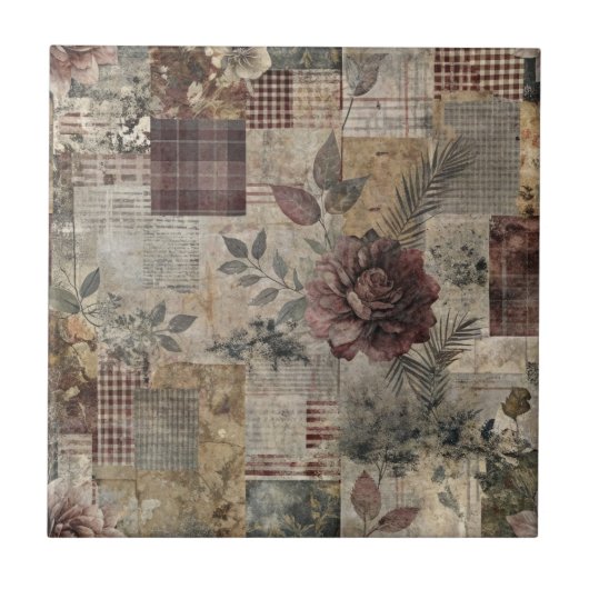 Ouderwetse botanische patchwork roestig (2) tegeltje (Voorkant)