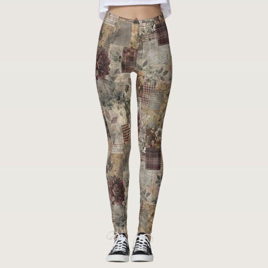 Ouderwetse botanische patchwork rustiek (1) leggings (Voorkant)