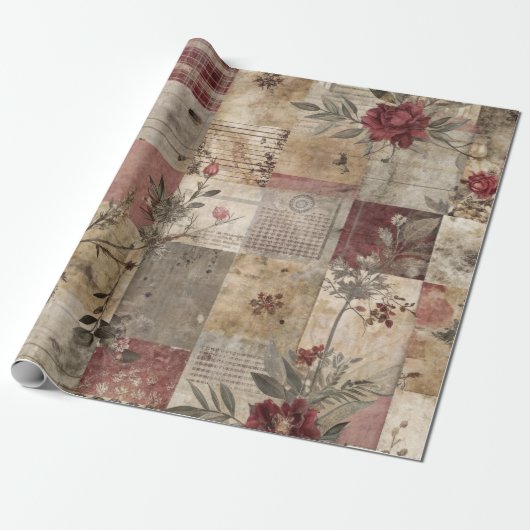 Ouderwetse botanische patchwork rustiek cadeaupapier (Uitgerold)