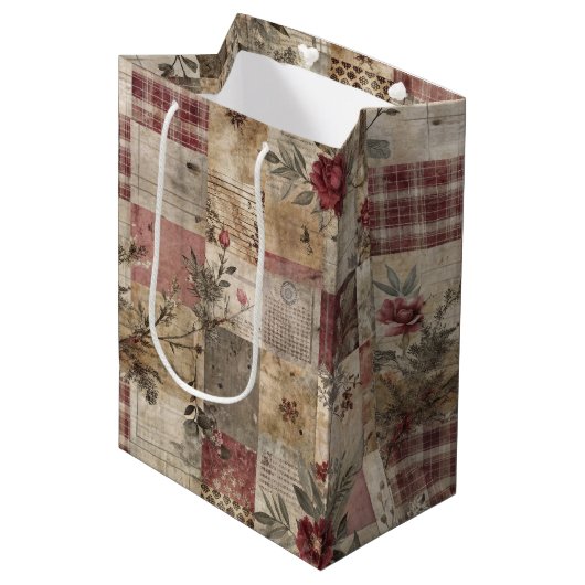 Ouderwetse botanische patchwork rustiek medium cadeauzakje (Voorkant Gekanteld)