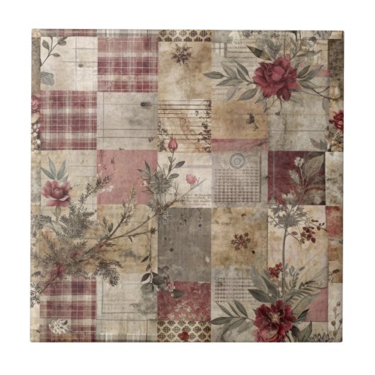 Ouderwetse botanische patchwork rustiek tegeltje (Voorkant)