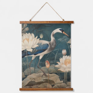 Ouderwetse botanische scène blauwe kraanvogel en l hangend wandkleed