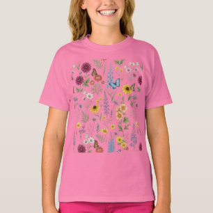 Ouderwetse botanische wilde bloem- en vlinderpatro t-shirt