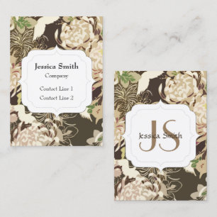 Ouderwetse bruine beige bloemen en vogels Monogram Visitekaartje