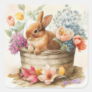 Ouderwetse bruine konijn konijnenmand bloemen Pase Vierkante Sticker