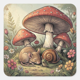 Ouderwetse Cottage Core Paddenstoelen en Wilde Die Vierkante Sticker
