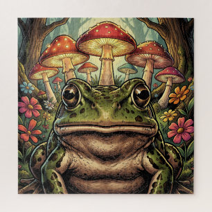 Ouderwetse Cottagecore Kikker en Paddenstoelen Legpuzzel