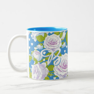Ouderwetse Cottagecore Roze Bloemen Blauwe Stippen Tweekleurige Koffiemok