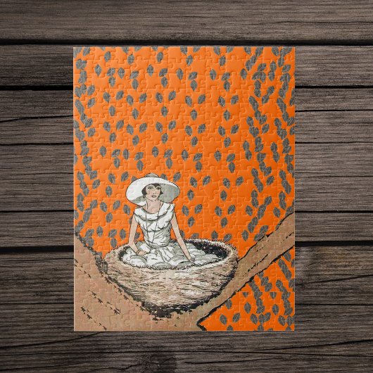 Ouderwetse dame in wit vogelnest blad legpuzzel