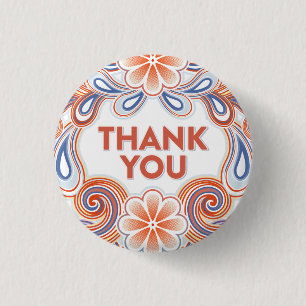 Ouderwetse Dank je wel met bloemen en retro krulle Ronde Button 3,2 Cm