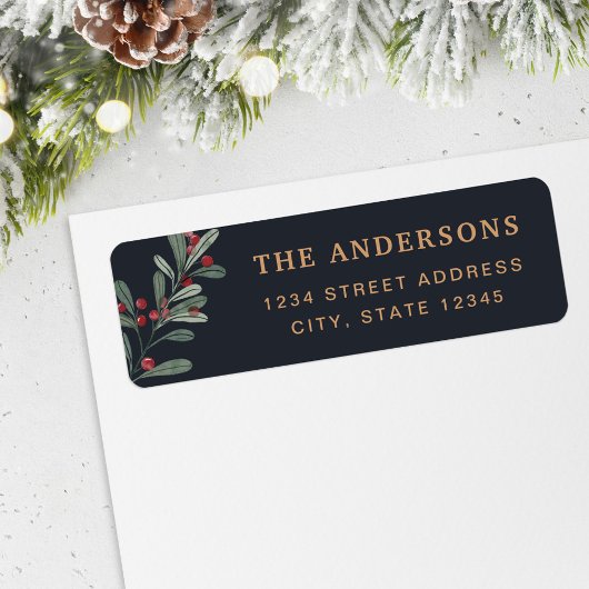 Ouderwetse donkerblauwe bes tak Kerstmis adreslabe Etiket