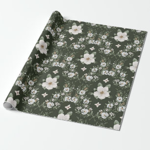 Ouderwetse donkergroene aquarel magnolia bloemmoti cadeaupapier