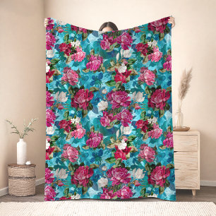 Ouderwetse Elegante bloemige roze bloemen blauwe p Fleece Deken