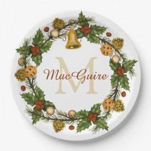 Ouderwetse Elegante Kerstkrans Monogram Initiaal Papieren Bordje