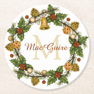 Ouderwetse Elegante Kerstkrans Monogram Initiaal Ronde Kartonnen Onderzetter