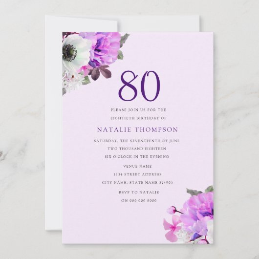 Ouderwetse Elegante Paarse Bloem 80ste Verjaardags Kaart (Voorkant)
