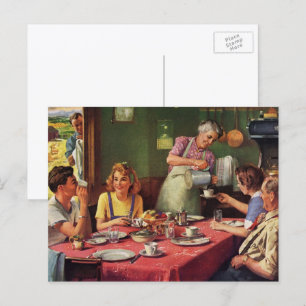 Ouderwetse familie die ontbijt in de keuken briefkaart