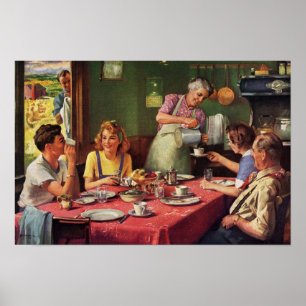 Ouderwetse familie die ontbijt in de keuken poster