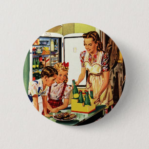 Ouderwetse familie, moeder met kinderen, snacks in ronde button 5,7 cm