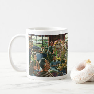 Ouderwetse familiediner in een diner met een jukeb koffiemok