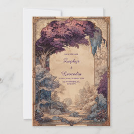 Ouderwetse Fantasie Paarse Boom Kasteel Bruiloft Kaart