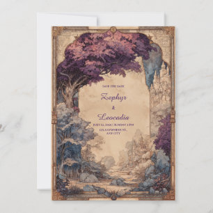 Ouderwetse Fantasie Paarse Boom Kasteel Bruiloft Kaart
