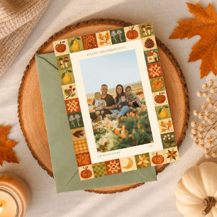 Ouderwetse Folk Patchwork Thanksgiving Familiefoto Feestdagenkaart
