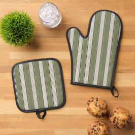 Ouderwetse Franse Groene Strepen- Neutrale Boerder Ovenwant & Pannenlap Set