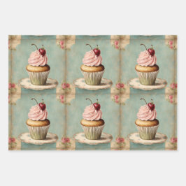 Ouderwetse Franse Roze Cupcake Verjaardags Thee Fe Inpakpapier Vel