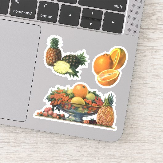 Ouderwetse fruitschaal met ananassen en sinaasappe sticker (Detail)