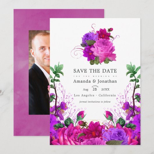Ouderwetse Fuchsia en Paarse Bloemige Trouwfoto Save The Date (Voorkant / Achterkant)