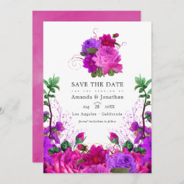 Ouderwetse Fuchsia en Paarse Bloemige Trouwfoto Save The Date