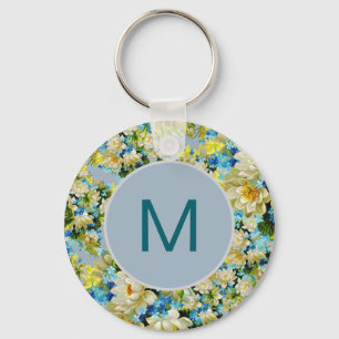 Ouderwetse gele en blauwe bloempatroon monogram sleutelhanger