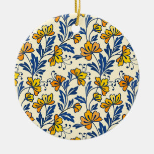 Ouderwetse Gele Oranje Folk Bloemmotief Blauwe Bla Keramisch Ornament