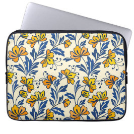 Ouderwetse Gele Oranje Folk Bloemmotief Blauwe Bla Laptop Sleeve