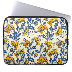 Ouderwetse Gele Oranje Folk Bloemmotief Blauwe Bla Laptop Sleeve