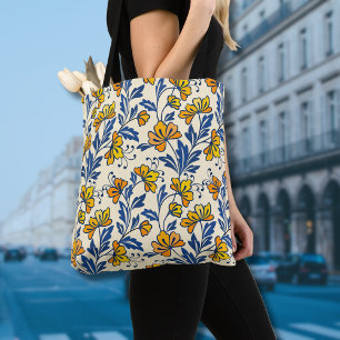 Ouderwetse Gele Oranje Folk Bloemmotief Blauwe Bla Tote Bag