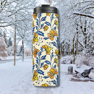 Ouderwetse Gele Oranje Volks Bloemmotief Blauwe Bl Thermosbeker