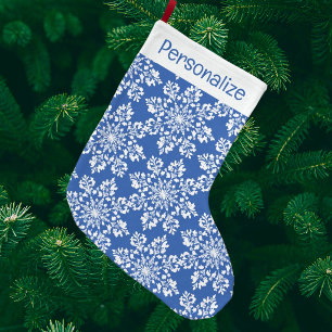 Ouderwetse gepersonaliseerde blauwe witte sneeuwvl grote kerstsok