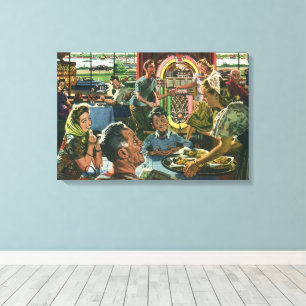 Ouderwetse gezinsdiner in een diner met een jukebo canvas afdruk