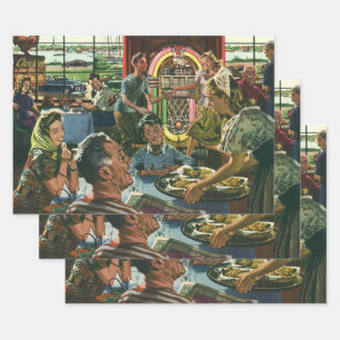 Ouderwetse gezinsdiner in een diner met een jukebo inpakpapier vel