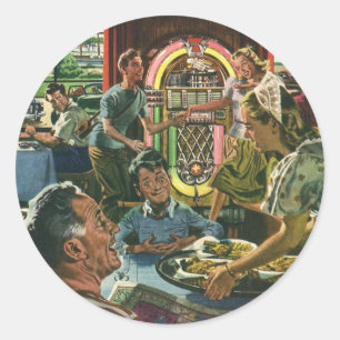 Ouderwetse gezinsdiner in een diner met een jukebo ronde sticker