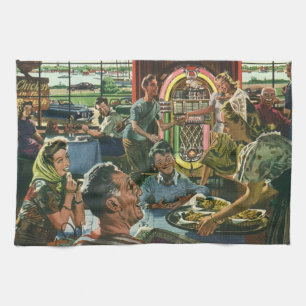 Ouderwetse gezinsdiner in een diner met een jukebo theedoek
