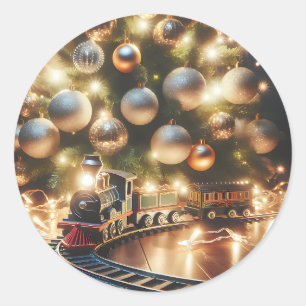 Ouderwetse gouden kersttrein onder de boom ronde sticker