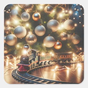 Ouderwetse gouden kersttrein onder de boom vierkante sticker