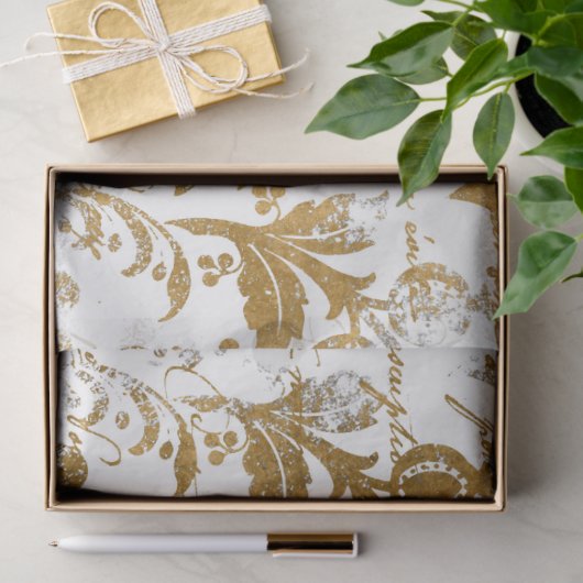 Ouderwetse gouden witte damast script textuurpatro tissuepapier (Geschenk)