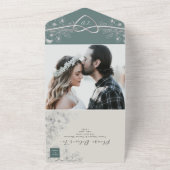 Ouderwetse groenblauwe bloemenfoto bruiloft all in one uitnodiging (Buitenkant)