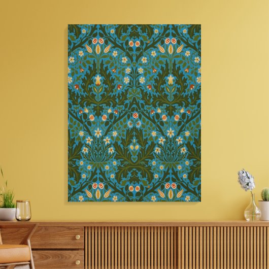 Ouderwetse groene blauwe herfstbloemen van William Canvas Afdruk (Insitu (Woonkamer))