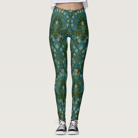 Ouderwetse groene blauwe William Morris herfstbloe Leggings (Voorkant)