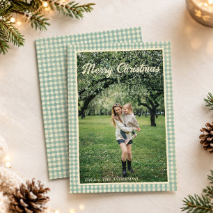 Ouderwetse groene geruite gingham rustieke kerstfo feestdagenkaart